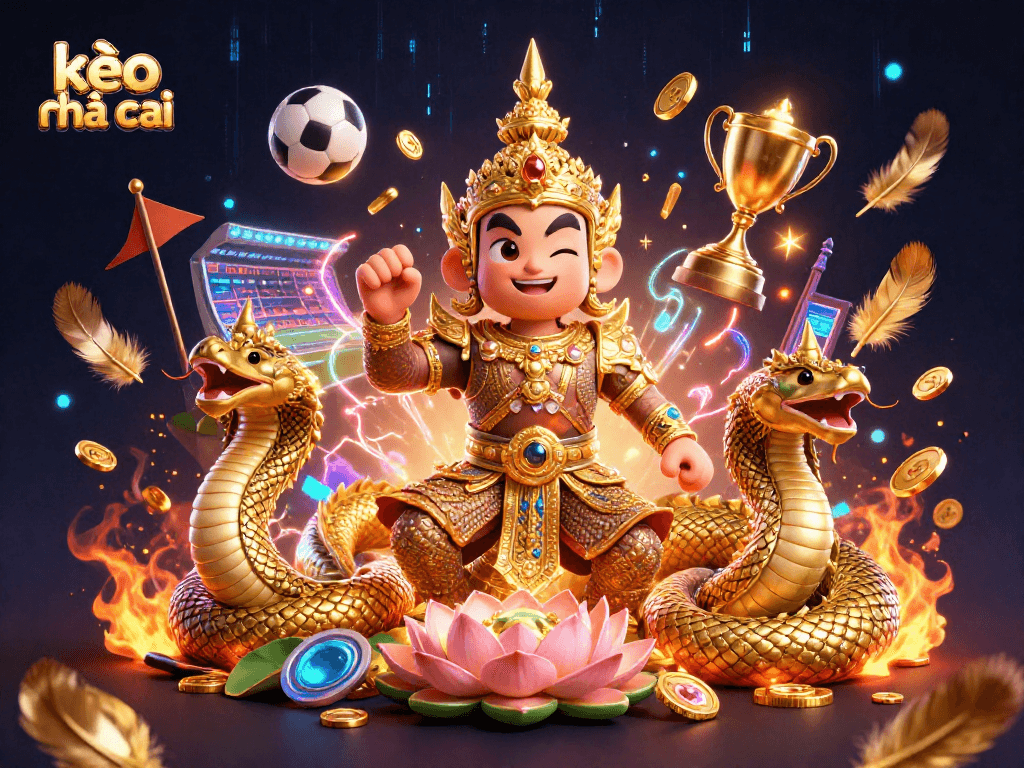 Engage with kèo nhà cái betting elements in this vibrant 3D casino illustration complete with sports motifs.