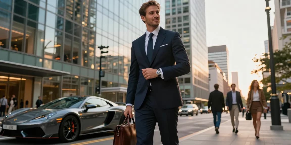 Stylish man showcasing a sophisticated replica watch in an urban luxury setting, exuding confidence and elegance.