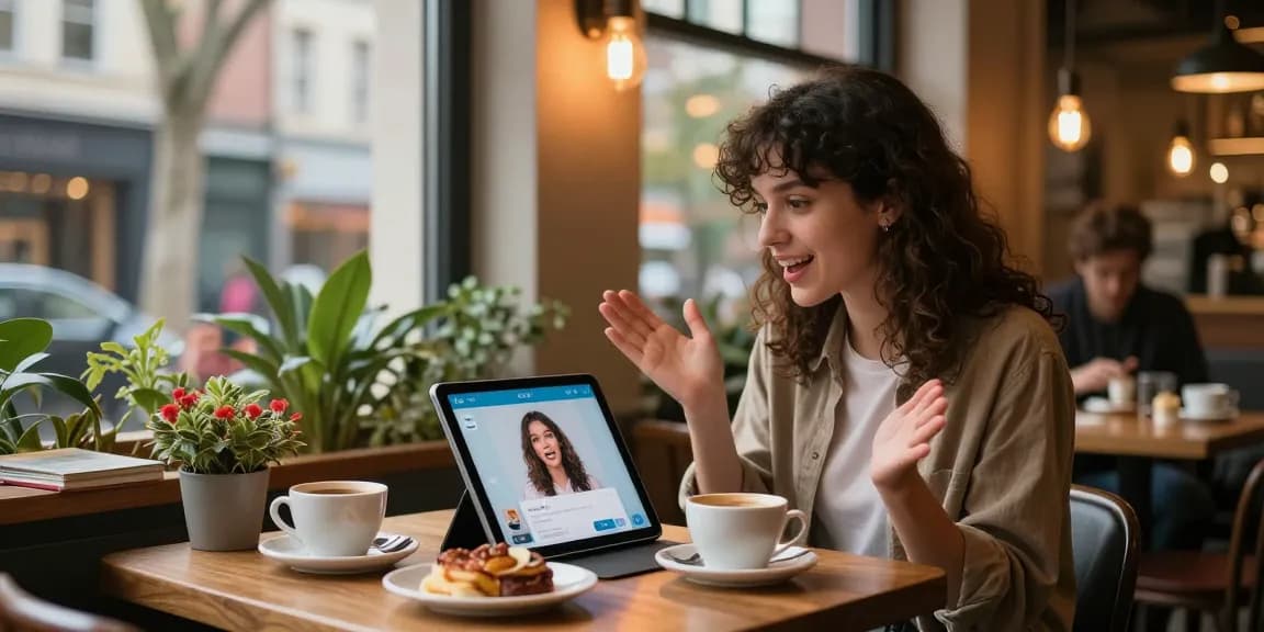 Engaging interaction with an AI girlfriend in a cozy café atmosphere.