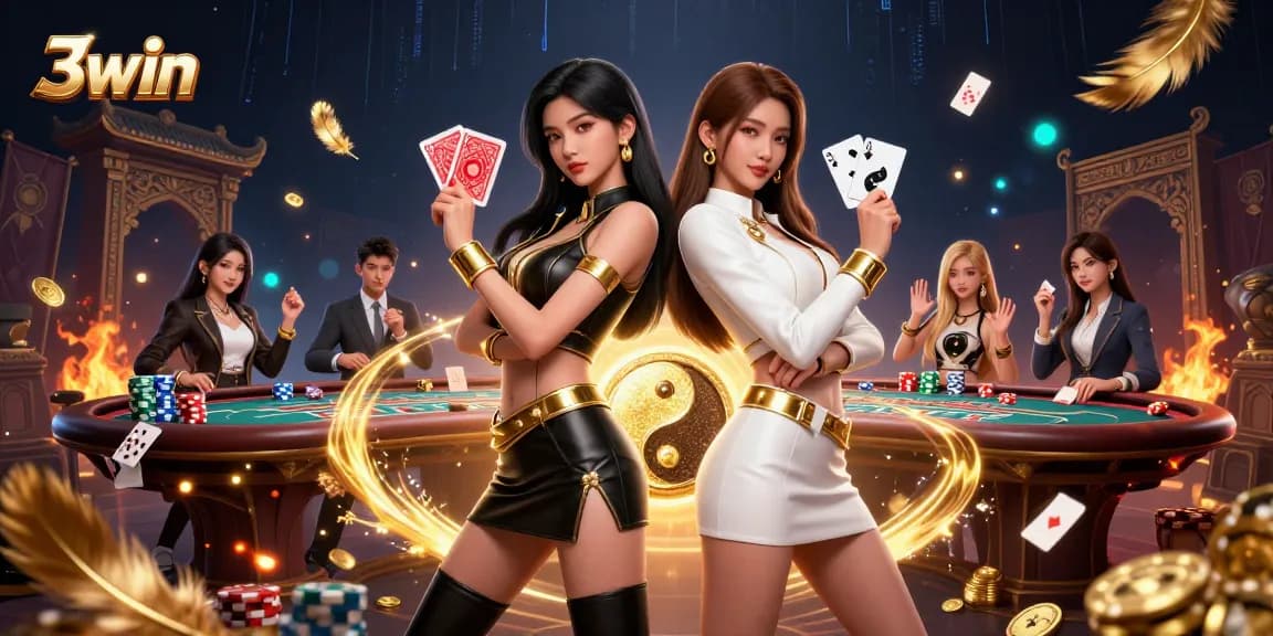 Experience the excitement of 3win with stunning twin Asian women showcasing poker skills in a dynamic casino illustration.