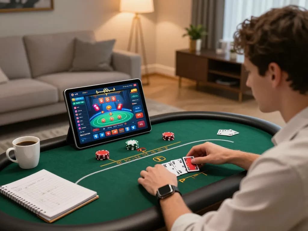 Player strategizing betting on f8bet using tablet in modern living room environment