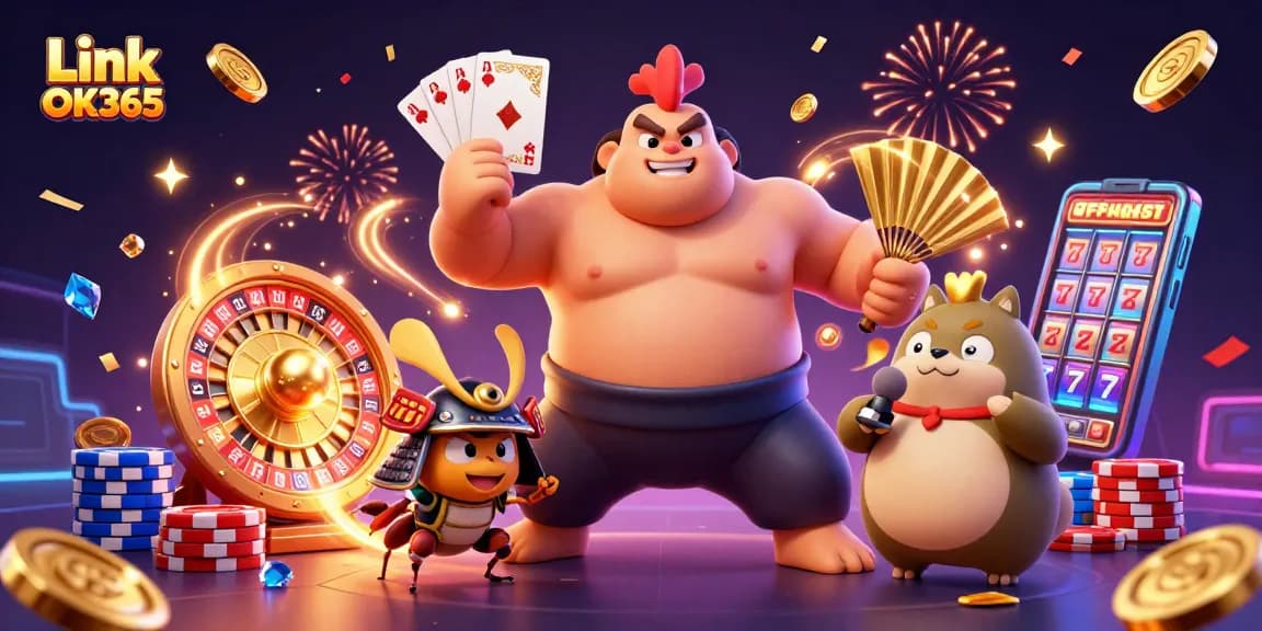 Engage with Link OK365's vibrant online casino scene featuring diverse gaming elements and characters.