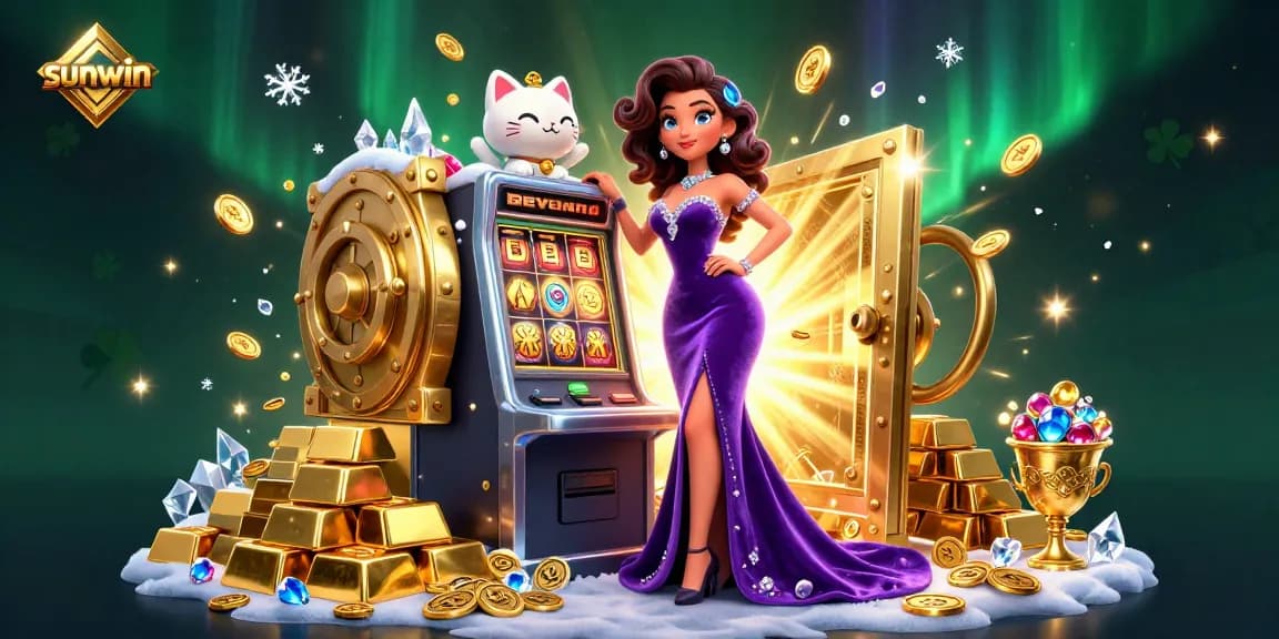 Sunwin slot machine jackpot scene with a glamorous character and fortune cat mascot