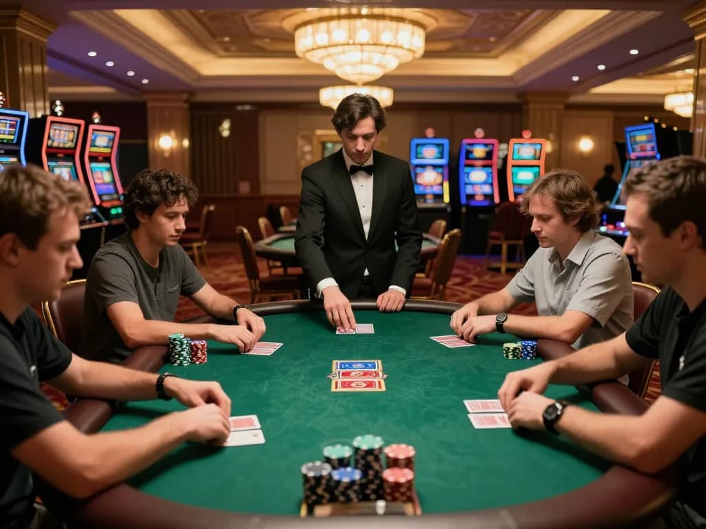 Engaging poker game at km777 Casino featuring focused players and dynamic dealer action.