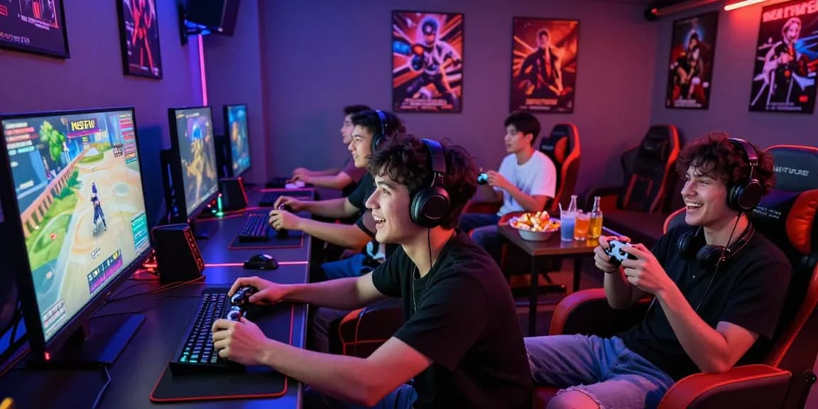 Group enjoying NSFW games in a lively gaming lounge with colorful lighting.