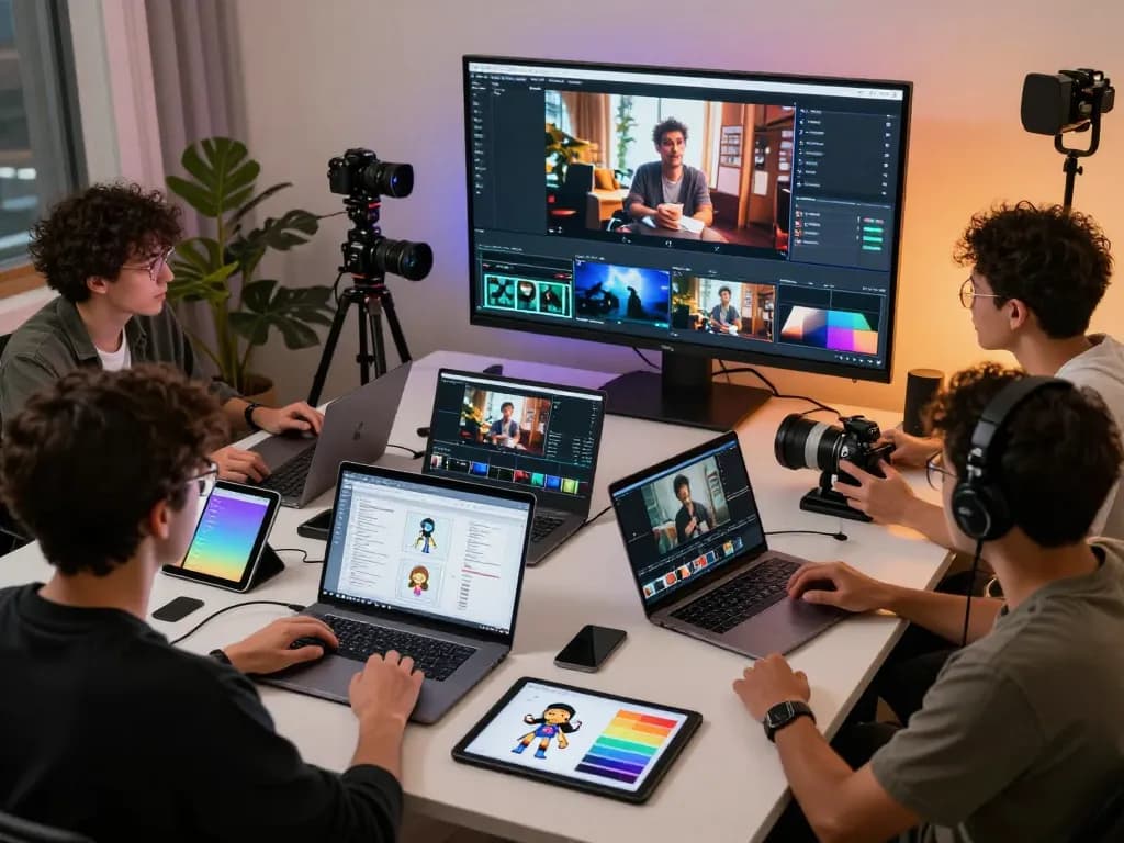 Collaborative video production team utilizing Seedance AI for innovative storytelling in a vibrant workspace.