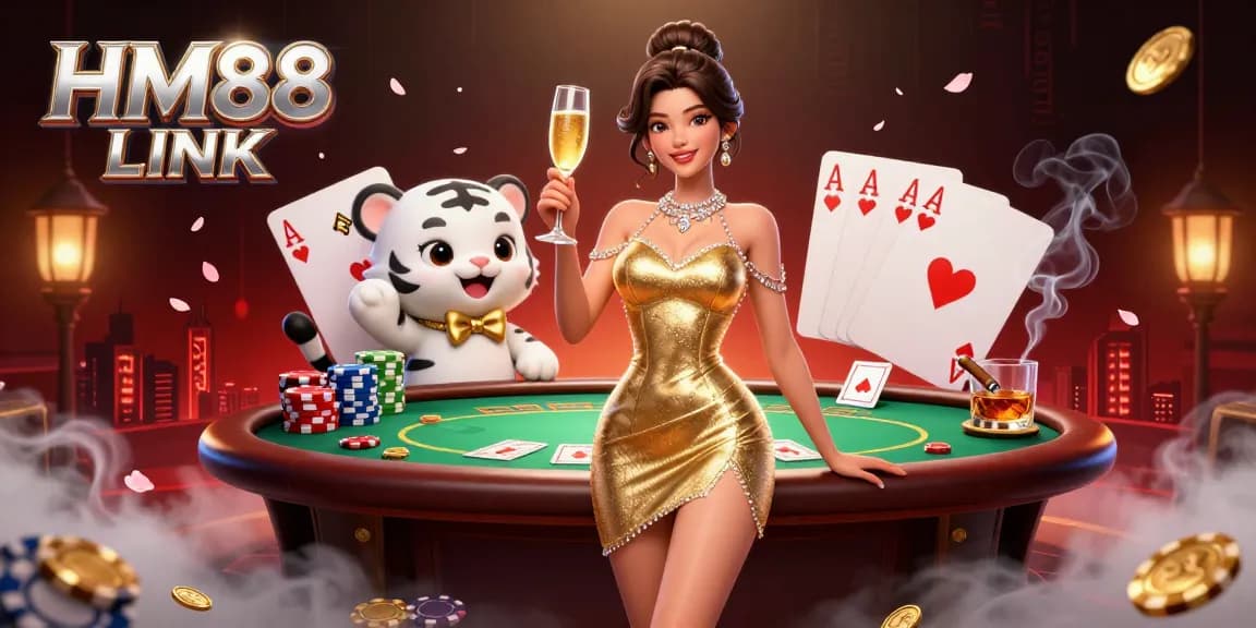 Experience the thrilling atmosphere of HM88 LINK with a glamorous woman and a lucky tiger cub amidst vibrant poker elements.