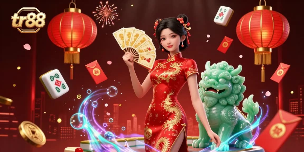 Experience thrilling gameplay at tr88 with a captivating 3D casino scene featuring a qipao woman, jade lion, and vibrant decorations.
