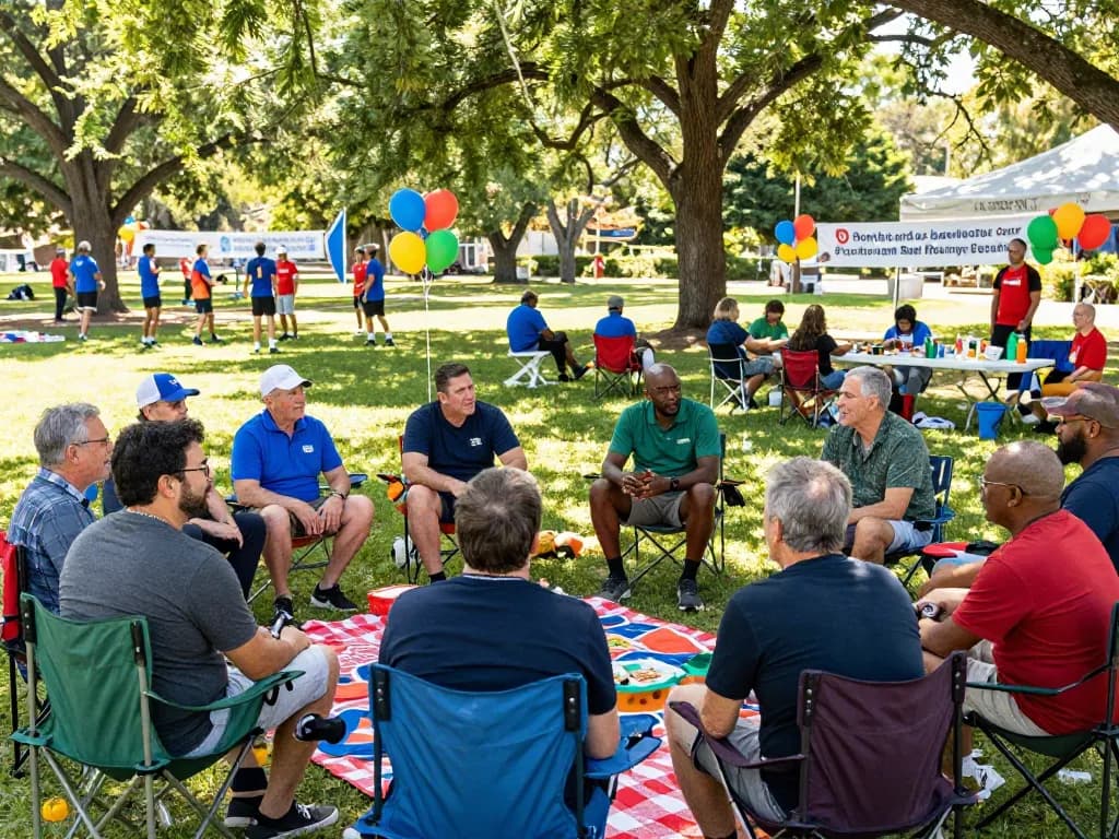 Men gathering at a community event promoting mental health support, manclub atmosphere.
