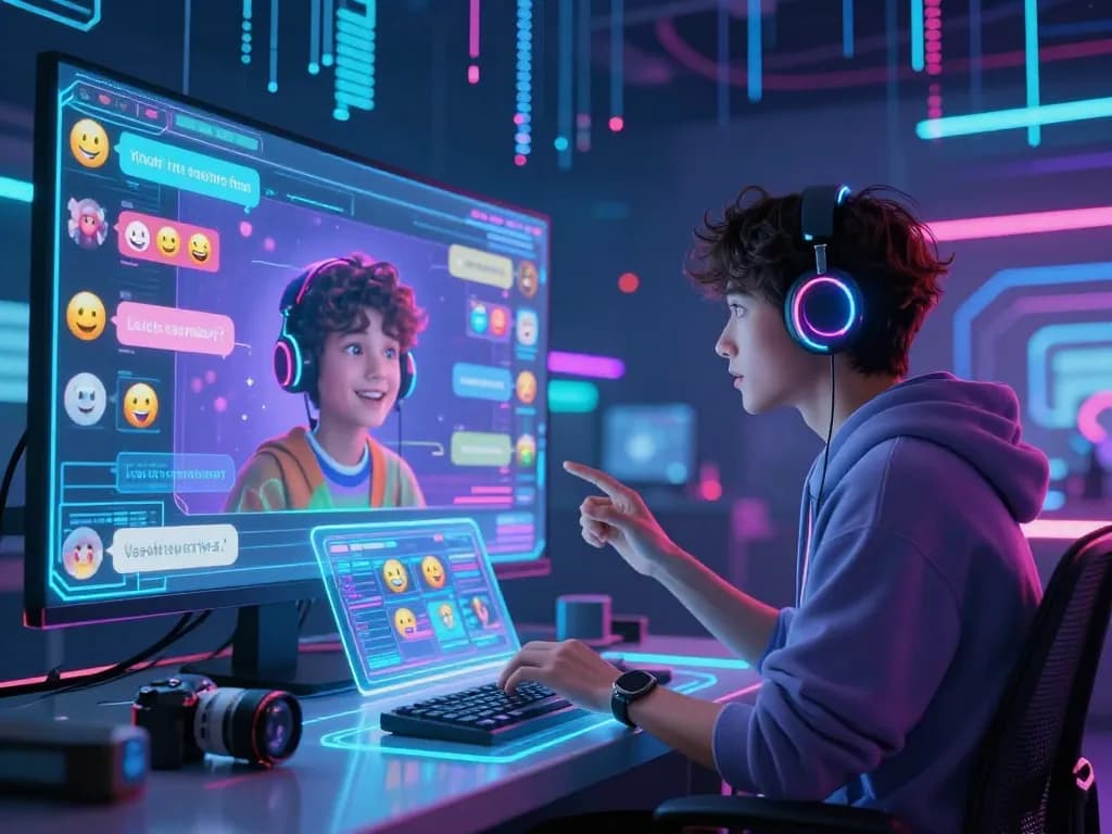 Engaging ai porn chat scene with a futuristic digital interface and virtual companionship.