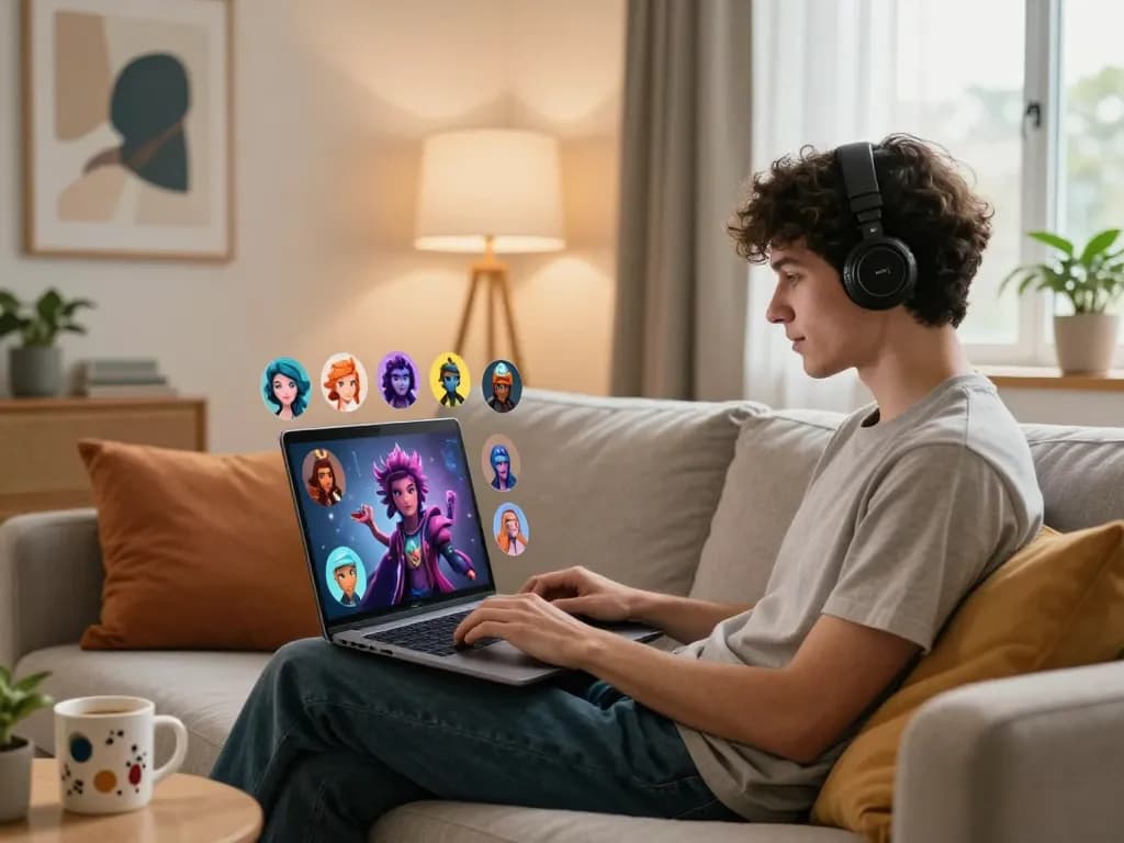 Engaged user chatting with crushon AI characters in a cozy modern room, showcasing immersive tech experience.