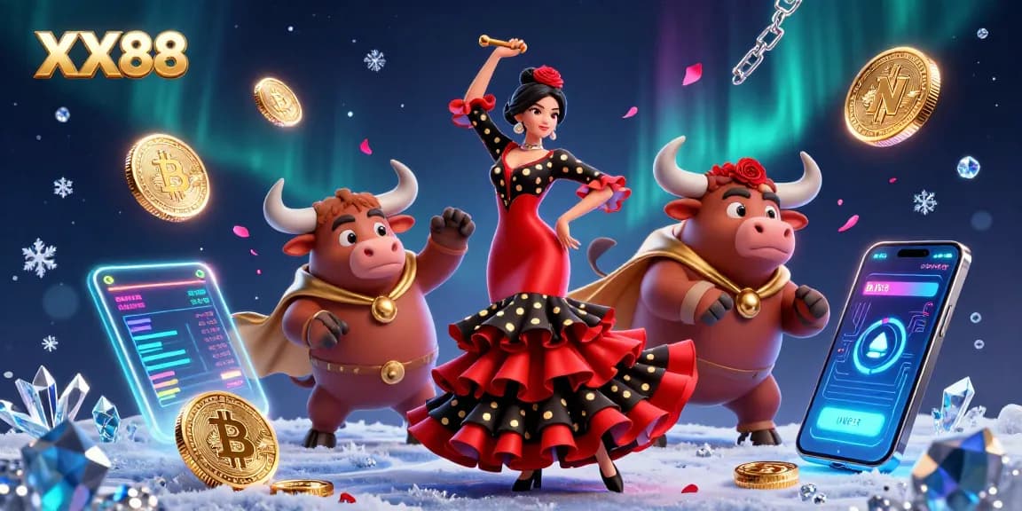Win big at XX88 with captivating live action featuring a dancing woman and a bull, surrounded by glowing crypto elements.