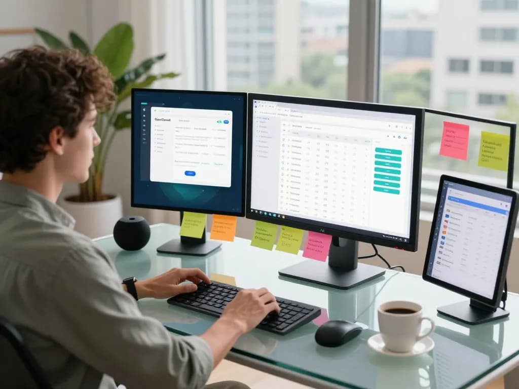AI workspace showcasing clawbot interaction with dual monitors and vibrant city view