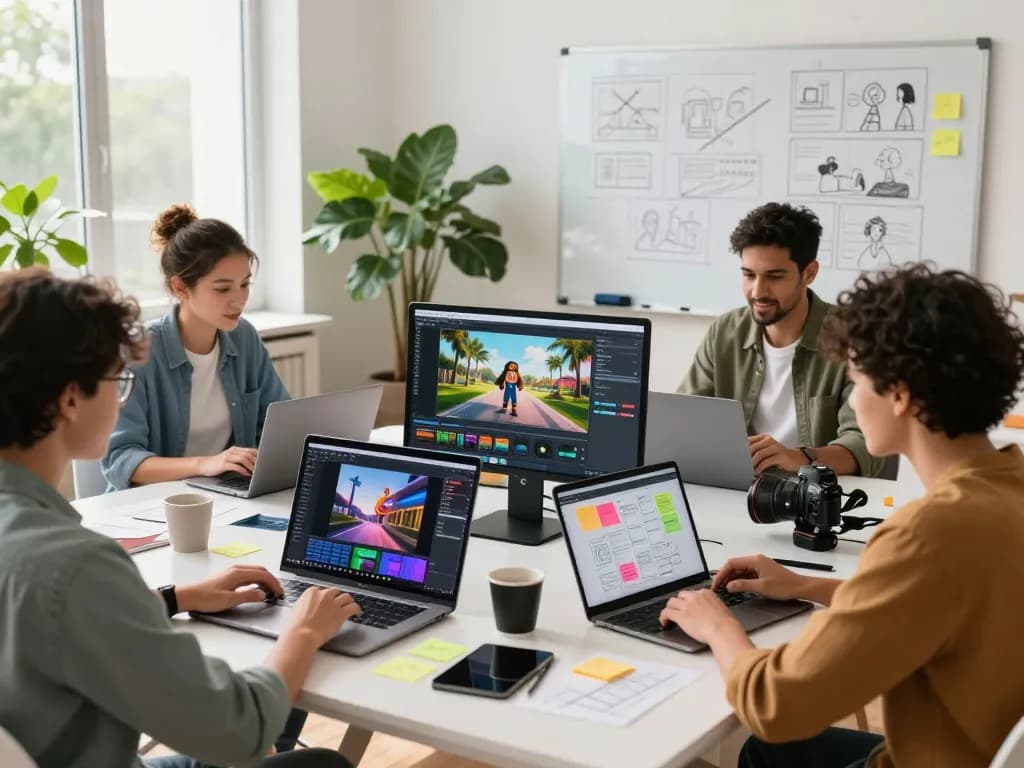 Content creators collaborating using Seedance AI to generate vibrant videos in a modern workspace