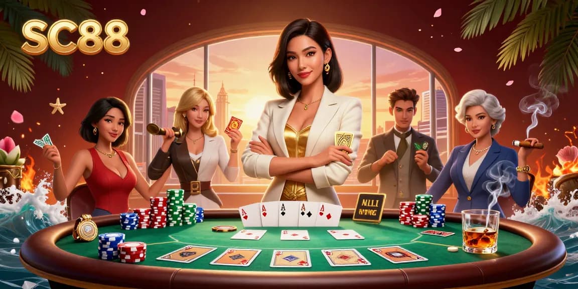 Engage in thrilling gameplay at SC88 with a dynamic poker scene featuring professional players and vibrant casino elements.