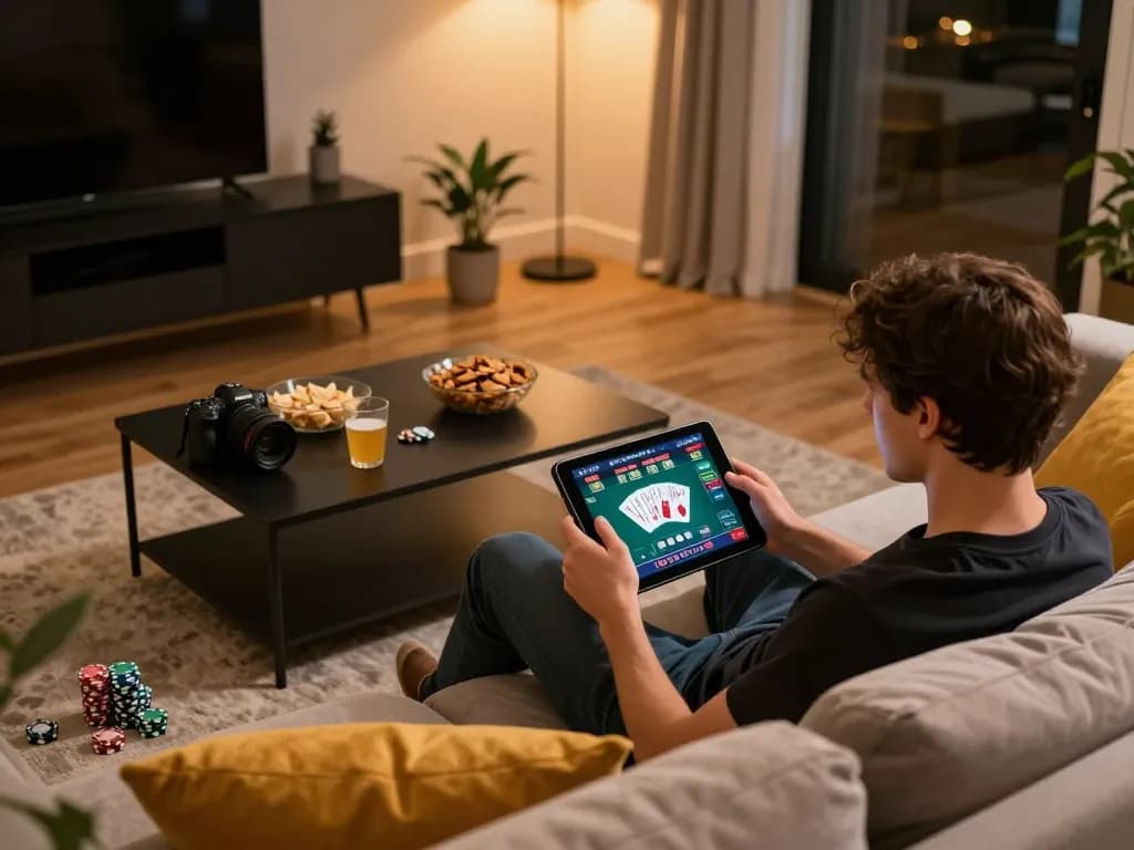 Engaging in online gambling with Link truy cập Vin88 on a cozy tablet setup for strategic gameplay