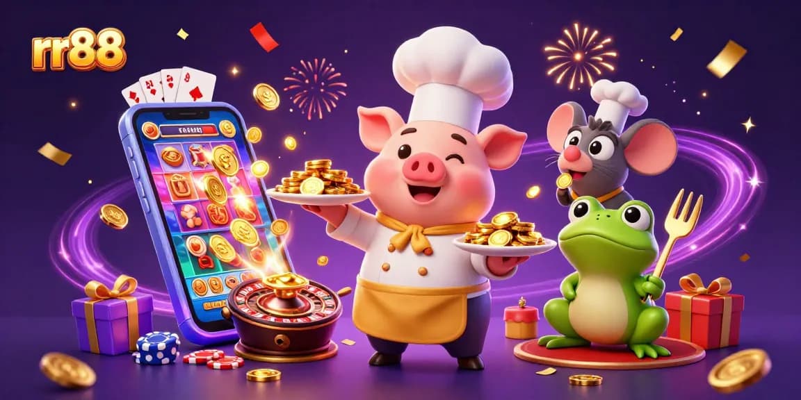 Experience winning big at rr88 with vibrant slots games and golden rewards in a 3D casino illustration.
