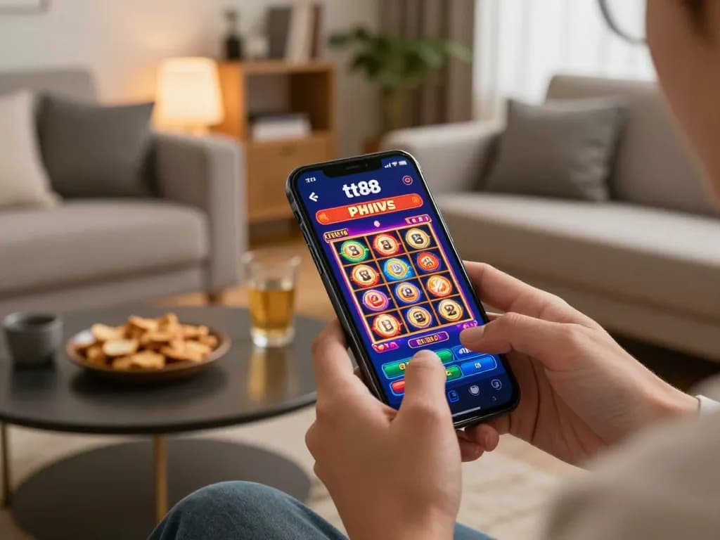Engaging gaming scene with a user playing tt88 slot games on mobile device in a cozy living room.