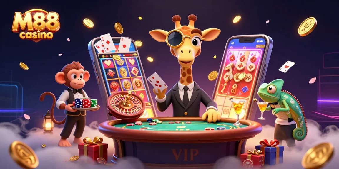 M88 casino illustration showcasing a high-roller giraffe and monkey valet amidst dynamic gaming elements.