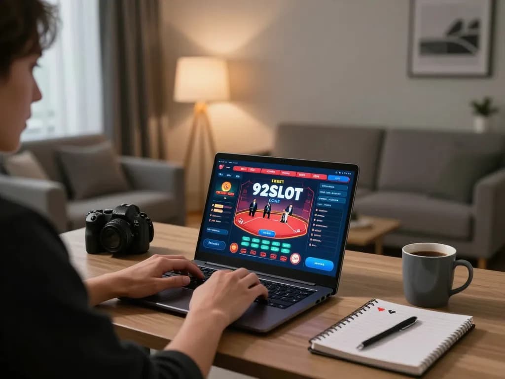 Engaging in online casino gaming on 92slot com in a stylish home setup