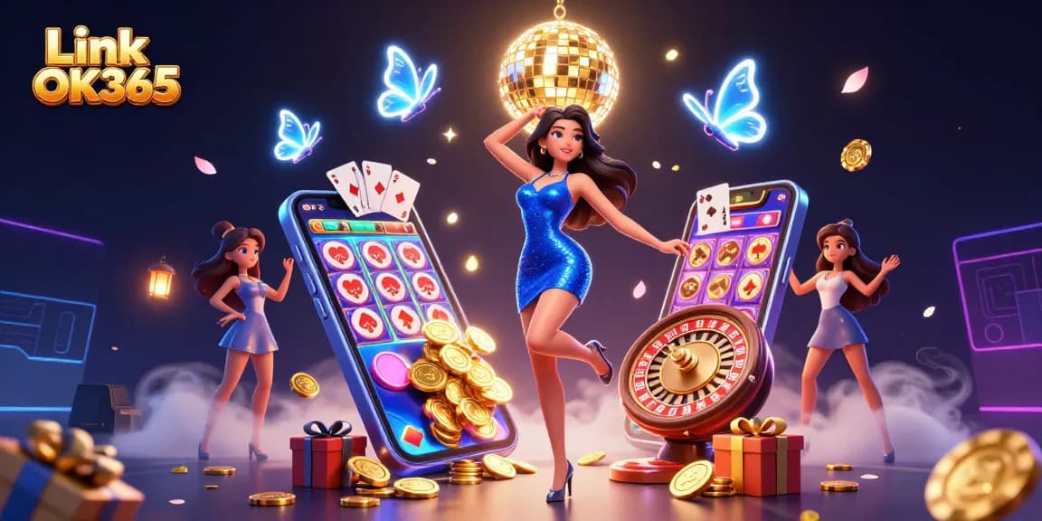 Experience the excitement of Link OK365 with a dynamic casino scene filled with spinning reels and vibrant game elements.