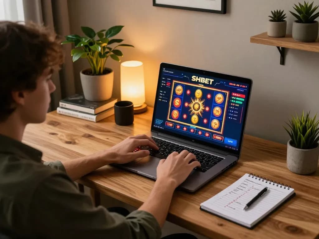 Engaging in SHBET online casino slots from a cozy home office, showcasing vibrant gameplay.