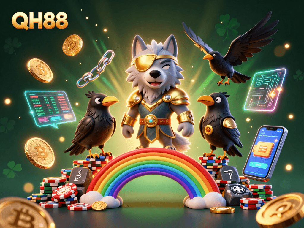 Experience QH88’s thrilling crypto gaming world illustrated with vibrant characters and casino elements
