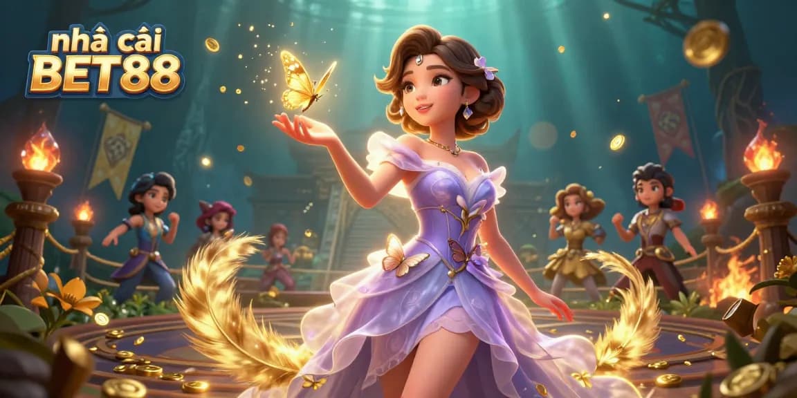 Engage with the nhà cái BET88 experience, featuring vibrant digital scene with golden butterflies and casino elements.