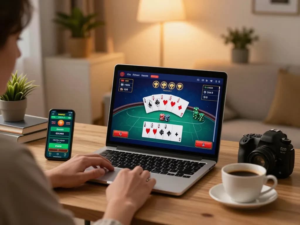 Engaging online poker session at home with river4 gambling strategies on laptop.