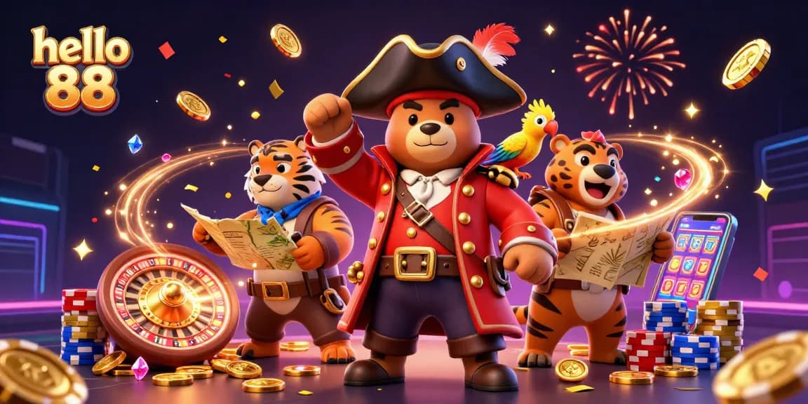Experience thrilling gameplay with hello 88 featuring vibrant characters, coins, and casino elements in a 3D illustration.