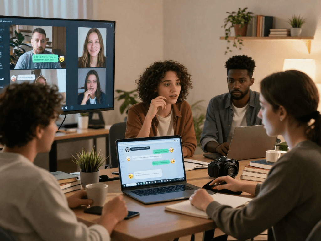 Engaging chat scene showcasing individuals discussing ai chat porn topics in a warm, inviting setting.