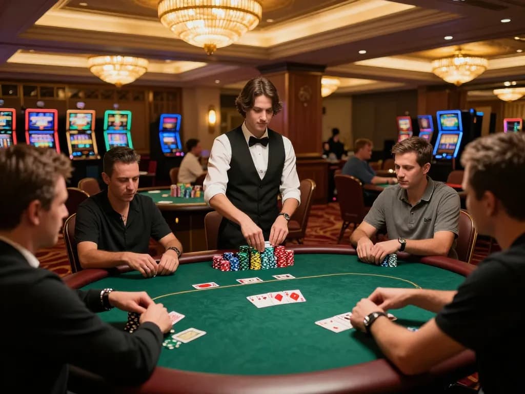 KUBET poker players strategizing their bets at a high-stakes table in luxury casino.