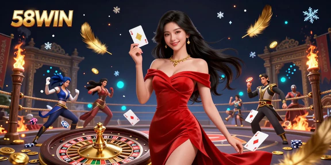 Experience excitement with 58WIN as a beautiful young Asian woman poses confidently beside a golden roulette wheel.