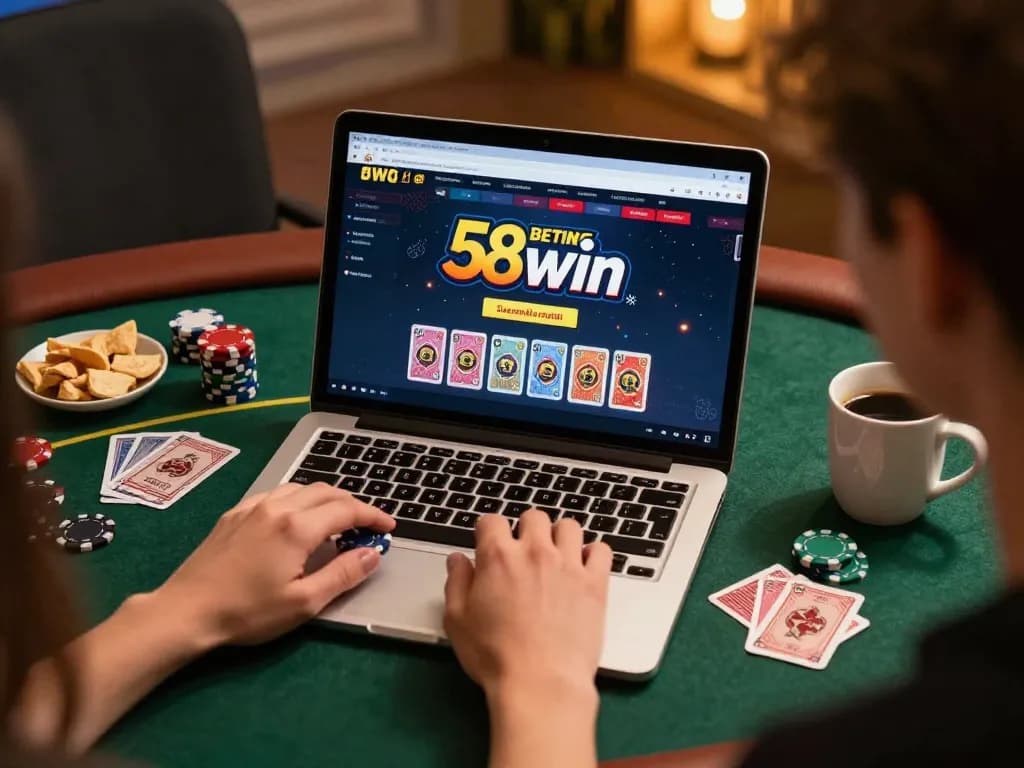 Engaged player using 58win online platform during exciting home gaming session.