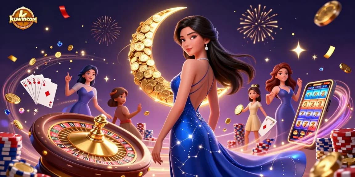 Kuwincom showcases an elegant Asian woman in a celestial-themed casino scene, featuring dynamic game elements.