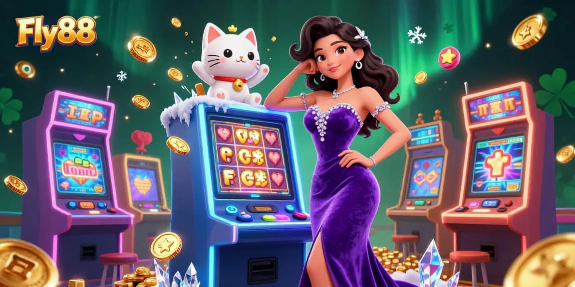 Experience thrilling gaming at Fly88 with a glamorous woman and cheerful fortune cat amidst exciting jackpots.