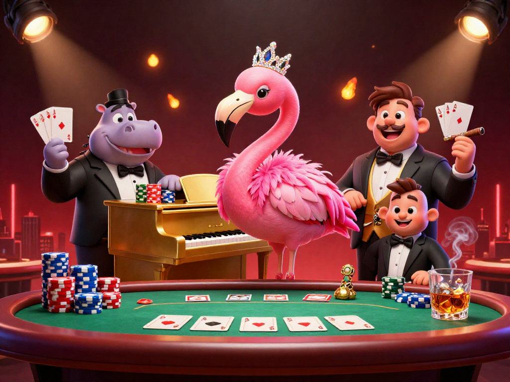 Experience go88's vibrant casino atmosphere with a flamingo singer and hippo bassist amidst poker elements.