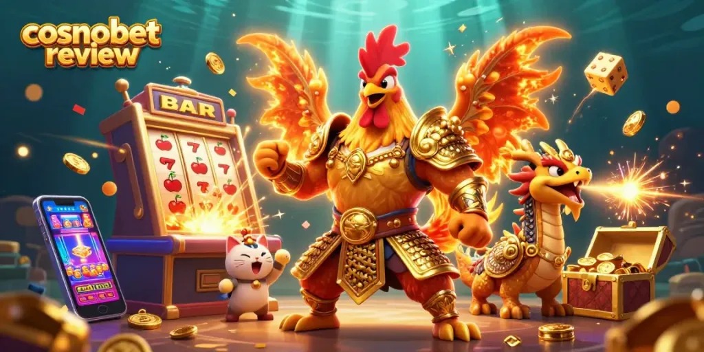 Spin to win with the cosmobet review showcasing lively characters and vibrant casino elements.