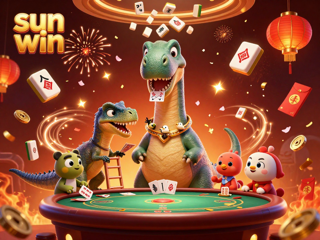 Engage in thrilling gameplay with sun win, illustrated with a brontosaurus and raptor in a lively casino scene.