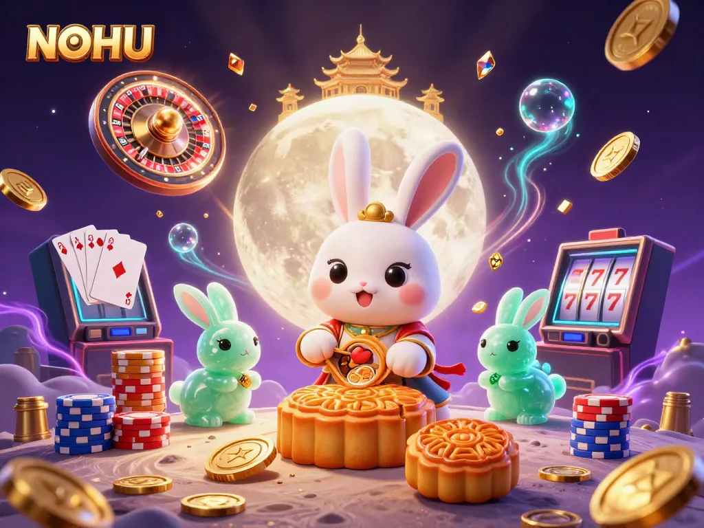 Engage in thrilling slots at NOHU, featuring moon rabbits amid a vibrant casino scene.