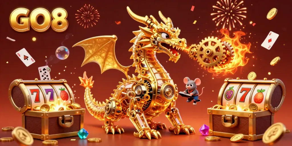 GO8 showcases vibrant gaming elements with a golden dragon and dynamic treasures, enhancing your gaming experience.