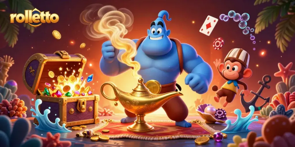 Experience the thrill of rolletto with a vibrant 3D scene featuring a genie, monkey, and poker chips.