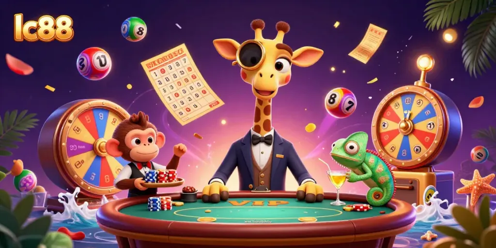 Experience vibrant gaming with lc88 as a high-roller giraffe interacts at a luxury casino