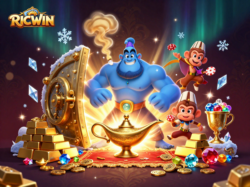 Win big with RICWIN: Illustrative scene featuring a genie and treasure in a magical casino