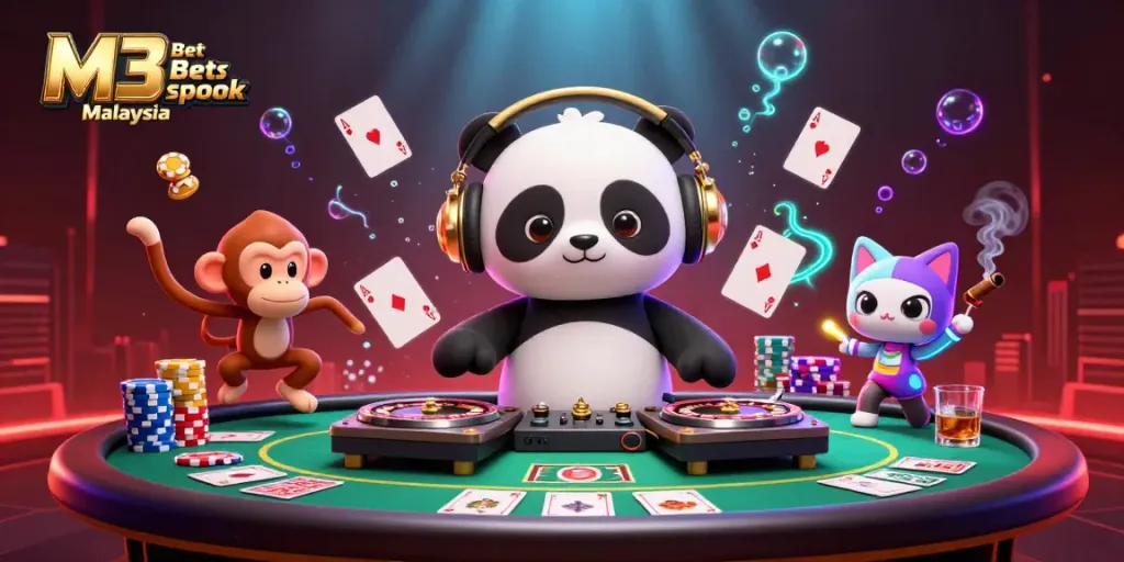 Experience thrill with M3 Bet sportsbook Malaysia's vibrant gaming scene featuring cartoon characters and casino elements.