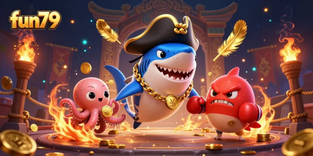 Engage with fun79 through an exciting casino adventure featuring a pirate shark and friends.