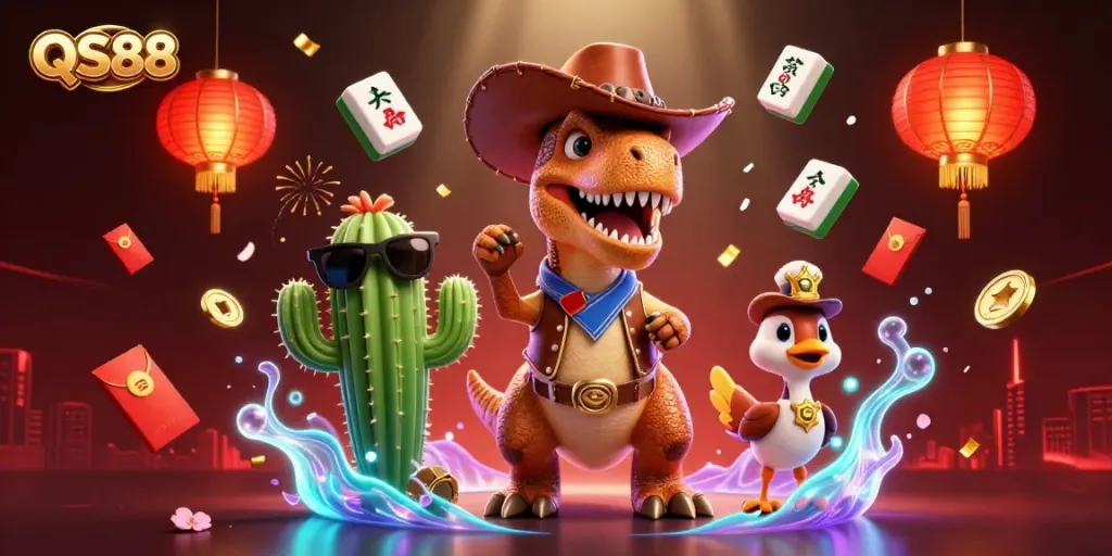 QS88 features a lively 3D casino scene with vibrant characters and colorful elements.