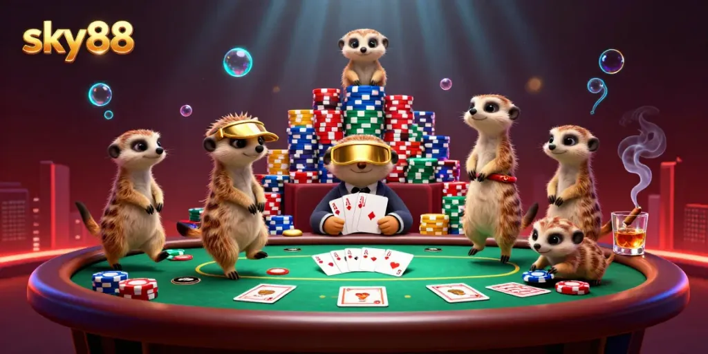 Experience excitement at sky88 with a dynamic meerkat casino scene featuring lively poker action.