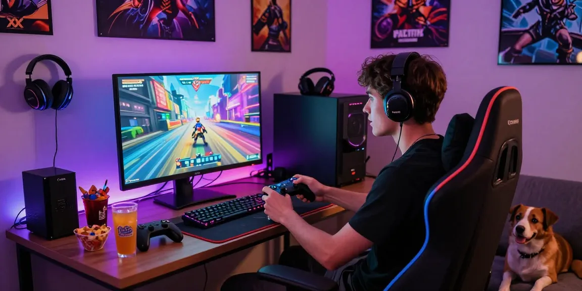 Player focused on immersive xxx games with vibrant graphics and gaming setup