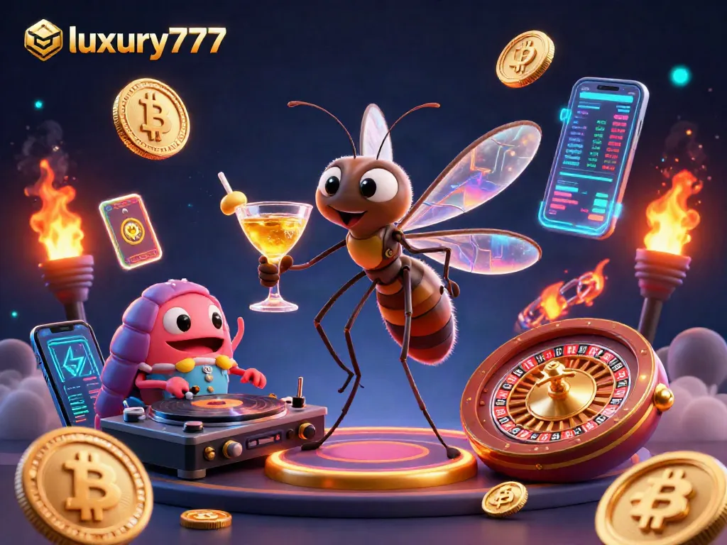 Experience luxury777 gaming with a vibrant scene of a mosquito mascot and trilobite DJ at a casino.